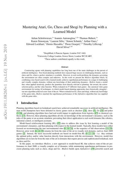 Muzero: Mastering Atari, Go, Chess and Shogi by Planning with aLearned Model