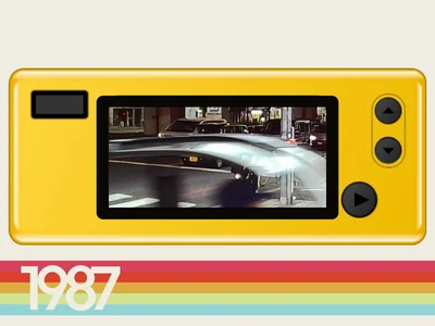 Stock frame 4: a yellow toy camera with the photo in its small screen, above a rainbow stripe and the year 1987.